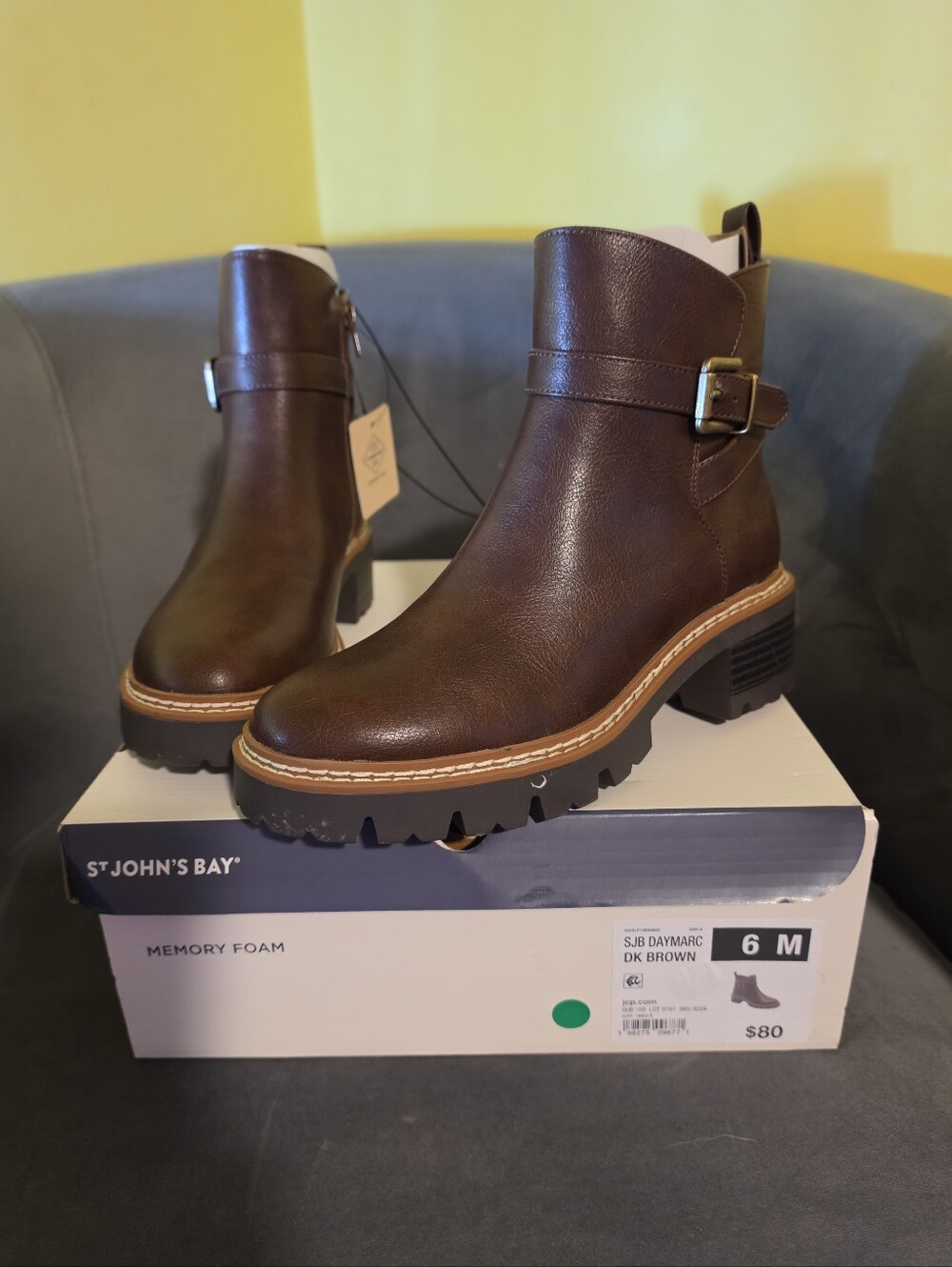 NIB St. John's Bay Women's Size 6 Daymarc Block Heel Booties Dark Brown Buckle